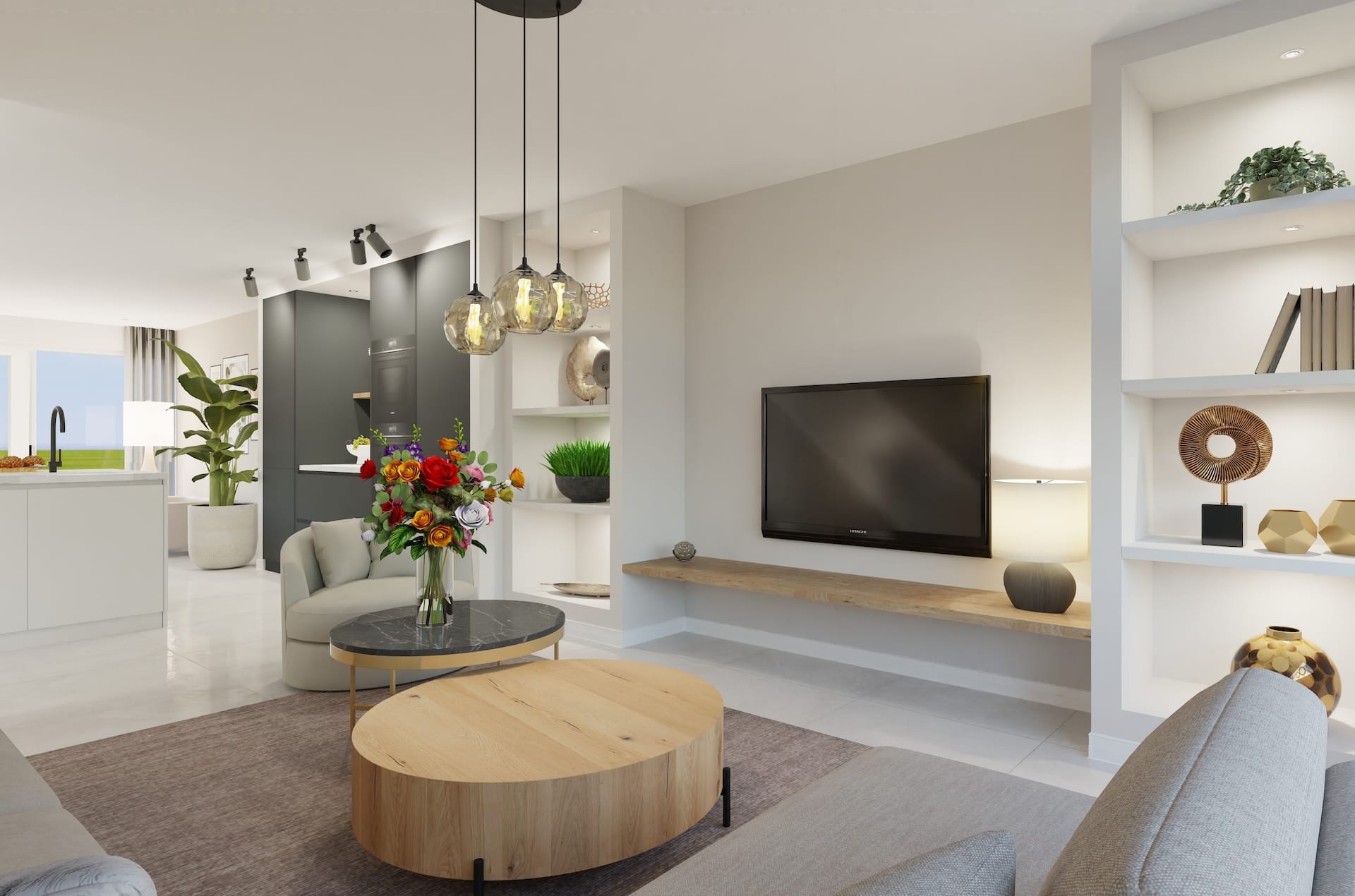 3d-impressie-meek-interieur 3D impressie van woonkamer en deel keuken